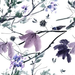watercolor and ink illustration of  tree and insects. gohua, sumi-e, u-sin painting. seamless pattern.