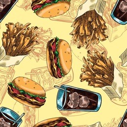 seamless background with a pattern of fast food. burger, fries and soda with ice.