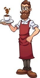 cartoon hipster barista. vector clip art illustration with simple gradients. barista, cup of coffee and steam on separate layers.