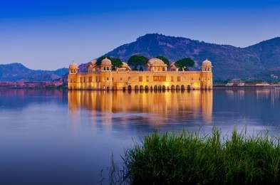 the palace jal mahal at night. jal mahal (water palace) was built during the 18th century in the middle of man sager lake. jaipur, rajasthan, india, asia