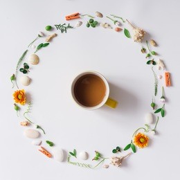 creative arrangement made of natural summer things with coffee mug. flat lay