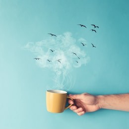 coffee cup with steam, clouds and birds. coffee concept. flat lay.