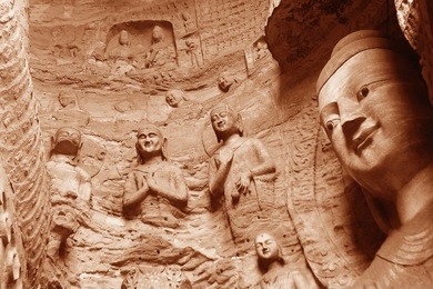 the beautiful ancient remains of buddha statue in yungang grottoes, datong, shanxi province, china.