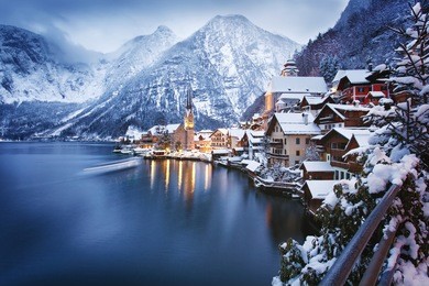 winter view of hallstatt, traditional austrian wood village, unesco world culture heritage site. alps, austria.