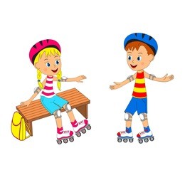 boy and girl on roller skates, illustration, vector