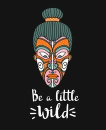 maori mask. vector print design with boho lettering. 