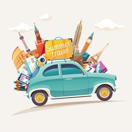 summer travel illustration with retro car and architectural sights