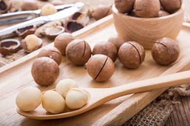macadamia nut oil on the wooden plate healthy concept