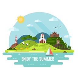 summer travel adventure flat landscape. sea island background. hill, lighthouse, beach umbrellas, church and windmill landmark. enjoy the summer travel postcard. summertime holiday voyage concept.