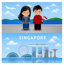 welcome to singapore. series of horizontal banners. singaporeans people. daytime view of the city. 