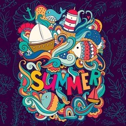 vector colorful illustration with summer symbols. cartoon fresh summer design