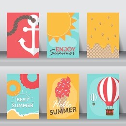 summer, holiday, vacation poster set. flat design. can be use for greeting and invitation card.  background , backdrop.  layout template in a4 size. vector illustration