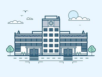 stock vector illustration city street with contemporary multistorey hospital, modern architecture in line style element for infographic, website, icon, games, motion design, video