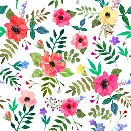 seamless floral  background. isolated red flowers and leaves drawn watercolor on white background. vector illustration.