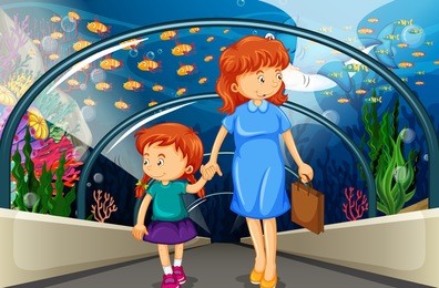 mother and kid at the aquarium illustration