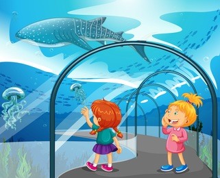 two girls visiting aquarium illustration