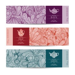 vector set of templates packaging tea, label, banner, poster, identity, branding. floral abstract pattern background with design elements -  teapot icon. stylish design for black, green and fruit tea