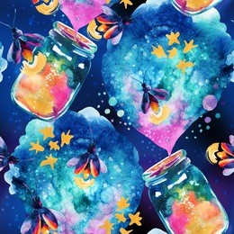 abstract fairy tale background with magic bottle and firefly. watercolor magic firefly and lantern for childish design. hand painted illustration
