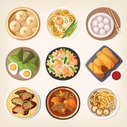 chinese street, restaurant or homemade food icons for ethnic menu