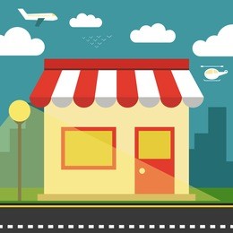 flat vector shop or market. city, clouds, plane, helicopter and bird on the background. shop is open at night.
