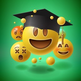 concept for graduation, green background with group of smiley emoticons, emoji, vector illustration.