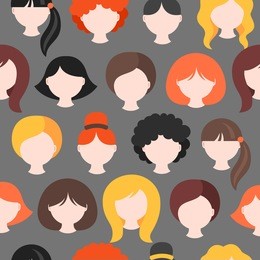 seamless pattern with girl's heads. short, medium, long hair. redhead, blonde, brunette. curly, wavy and straight hair. perfect for wallpaper, web page background, avatars, icons, beauty salon prints 