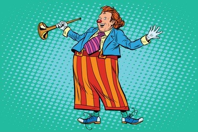 circus clown in bright clothes pop art retro style. comic artist, comedian. clown vector. clown character. childrens holiday carnival