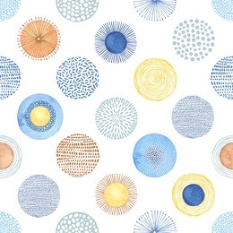 seamless summer pattern with hand-drawn and watercolor circles texture, abstraction colorful illustration on white background.