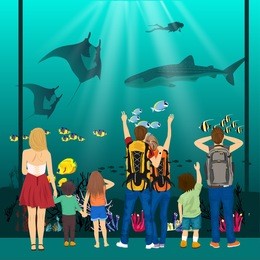 people watching underwater scenery with sea animals in giant oceanarium