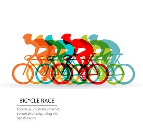 colorful poster with cyclists riding bicycles.  cycling poses in bright silhouettes. bicycle road racers. competition and marathon. adventure and travel outdoor on bicycle.  bike courier, vector 