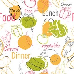 black contour cartoon fruits and berries on a white background. seamless pattern.