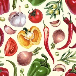 seamless pattern with watercolor illustrations of vegetables