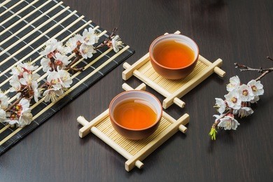 ancient chinese tea set with spring flowers