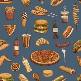 drawing collection of hand colored sketches on the theme of food , fast food . seamless pattern on a blue background .