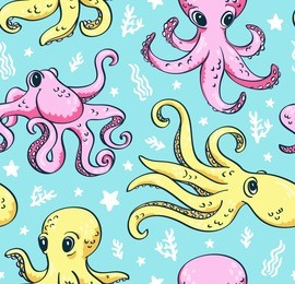 vector seamless pattern of sea life, octopus and sea plants in bright colors. beautiful seamless pattern. vector backdrop