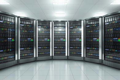 modern network and telecommunication technology computer concept: 3d render illustration of the server room in datacenter
