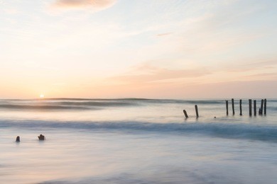 old jetty piles at st. clair beach in dunedin at dawn, new zealand