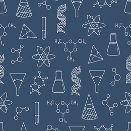 science icon seamless pattern hand drawn. doodle navy blue background vector. sketch elements. laboratory instruments and chemical formula backdrop
