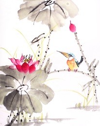 kingfisher and lotus flower watercolor painting 