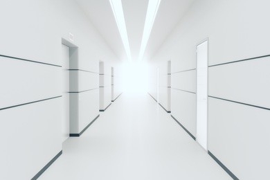 modern white corridor interior with multiple doors and light at the end. 3d rendering