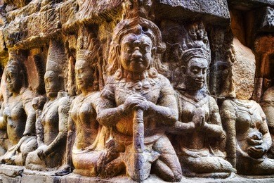 terrace of the leper king at angkor thom, siem reap, cambodia. close up detail of ancient bas relief carvings on the wall. 