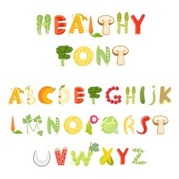 food alphabet made of vegetables and fruits. font. healthy letter. vector letter. 
