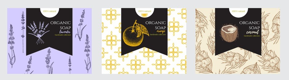 set of patterns, labels and logo design templates for hand made organic soap packaging. 