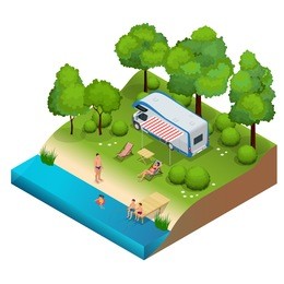 rv camper in camping, family vacation travel, holiday trip in motorhome  flat 3d vector isometric illustration