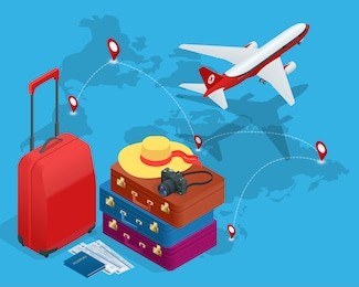 travel concept. greeting card.  bags, passport, photo camera and  tickets and airplane in sky. isometric flat 3d illustration