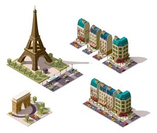vector isometric icon set or infographic elements representing paris (france) architecture - old buildings, houses, eiffel tower, restaurant, shops, hotel,  triumphal arch
