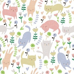 cute seamless background with funny cats and flowers in cartoon style
