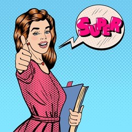 pop art happy woman student with books gesturing thumbs up. comic speech bubble. vector illustration