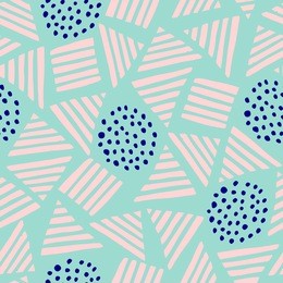 abstract seamless pattern with geometric shapes in pastel pink and blue.