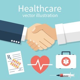 handshake doctor and patient, vector illustration. concept healthcare. medical background. set icons of medical equipment. doctor and patient shaking hands isolated on background.